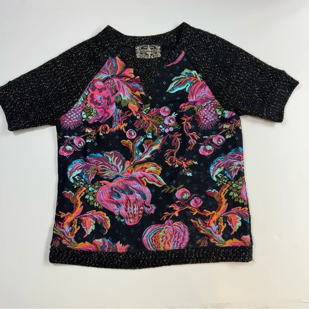 Anthropologie James Coviello Floral Brocade Spliced Metallic Knit Sweater